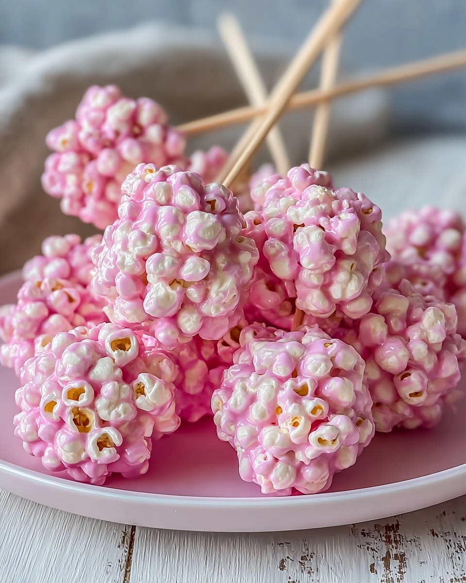The image shows several skewers of popcorn clusters coated in a smooth, shiny pink layer, arranged on a white plate. Each skewer has a compact cluster of popcorn that is mostly covered in light pink coating but with small parts of white popcorn peeking through. The popcorn pieces have a bumpy texture from the coating. The wooden skewers extend out from the plate, which is set on a white marbled surface, giving a clean and bright look. photo taken with an iphone --ar 4:5 --v 7