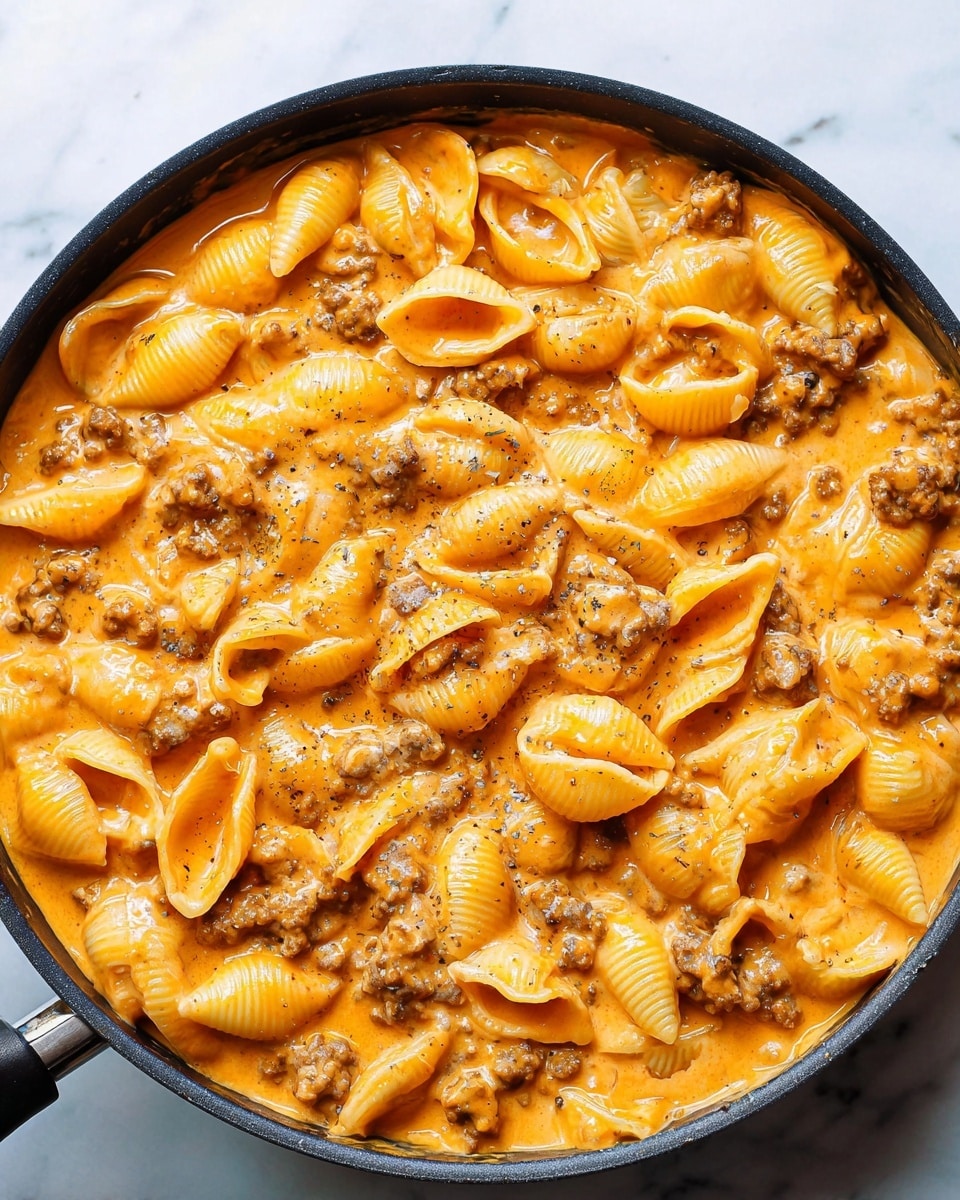 A close-up view of a black pan filled with shell pasta covered in a creamy orange sauce with visible specks of black pepper scattered all over. Mixed in with the pasta are browned ground meat pieces, spread evenly throughout the dish. The sauce has a smooth but slightly thick texture that clings to the pasta shells, creating a rich and hearty look. The dish fills the pan nearly to the edge, and the black pan contrasts with the bright orange sauce. The background is a white marbled texture. photo taken with an iphone --ar 4:5 --v 7