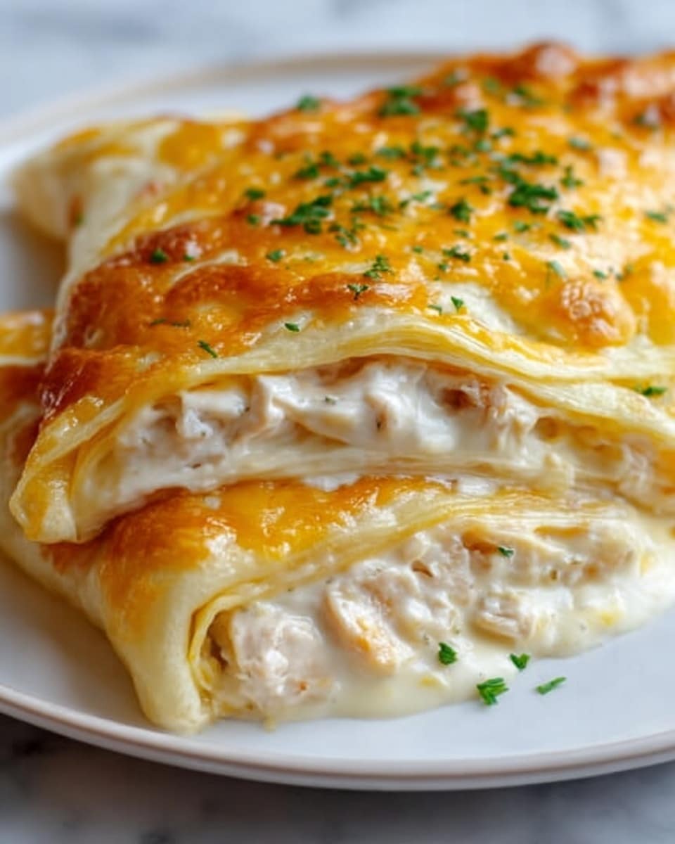 On a white plate, there are three folded, golden-baked pizza rolls with a slightly crispy outer layer sprinkled with melted cheese and herbs. One pizza roll is cut open showing three visible layers inside: a creamy cheese layer in light yellow, a bright red tomato sauce layer, and thin slices of pepperoni in a darker red shade, all wrapped in soft dough. On the side, there is a white bowl filled with thick, chunky red marinara sauce. Fresh green basil leaves are placed next to the pizza rolls, adding a pop of color. The whole setup sits on a white marbled surface with a red and white checkered cloth in the background. Photo taken with an iphone --ar 4:5 --v 7