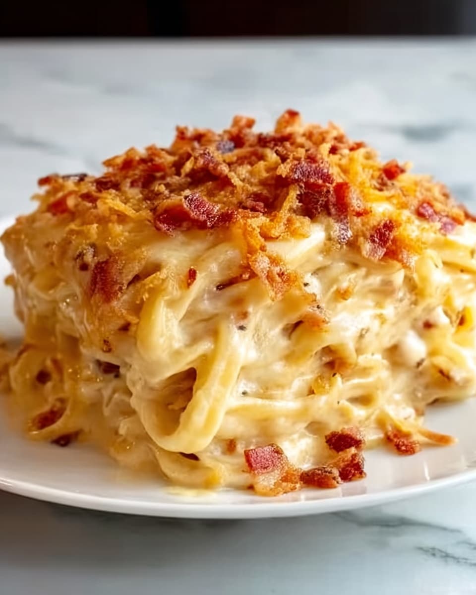 The image shows a thick layer of wide, flat pasta noodles cooked in a creamy light beige sauce inside a large round white pot with gray handles. The noodles are soft and slightly curled with small scattered bright green parsley pieces sprinkled evenly on top. Around the pot, there is a halved lemon, a small white dish with red pepper flakes, and a wooden bowl with more chopped parsley on a white marbled surface. The creamy sauce coats every strand, making the texture look smooth and rich, with a few visible flecks of seasoning mixed in. photo taken with an iphone --ar 4:5 --v 7