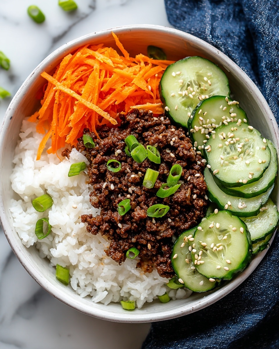 A white bowl filled with four main layers: at the bottom is a layer of white rice textured with soft, separate grains; on the right is shredded bright orange carrots with a slightly glossy finish; on the left are thinly sliced cucumber rounds with a fresh, green skin and translucent centers; and in the center is a mound of browned minced meat, slightly shiny from sauce and topped with chopped green onions and sprinkled sesame seeds. The bowl sits on a white marbled surface with a navy blue textured cloth partly visible underneath. Photo taken with an iphone --ar 4:5 --v 7