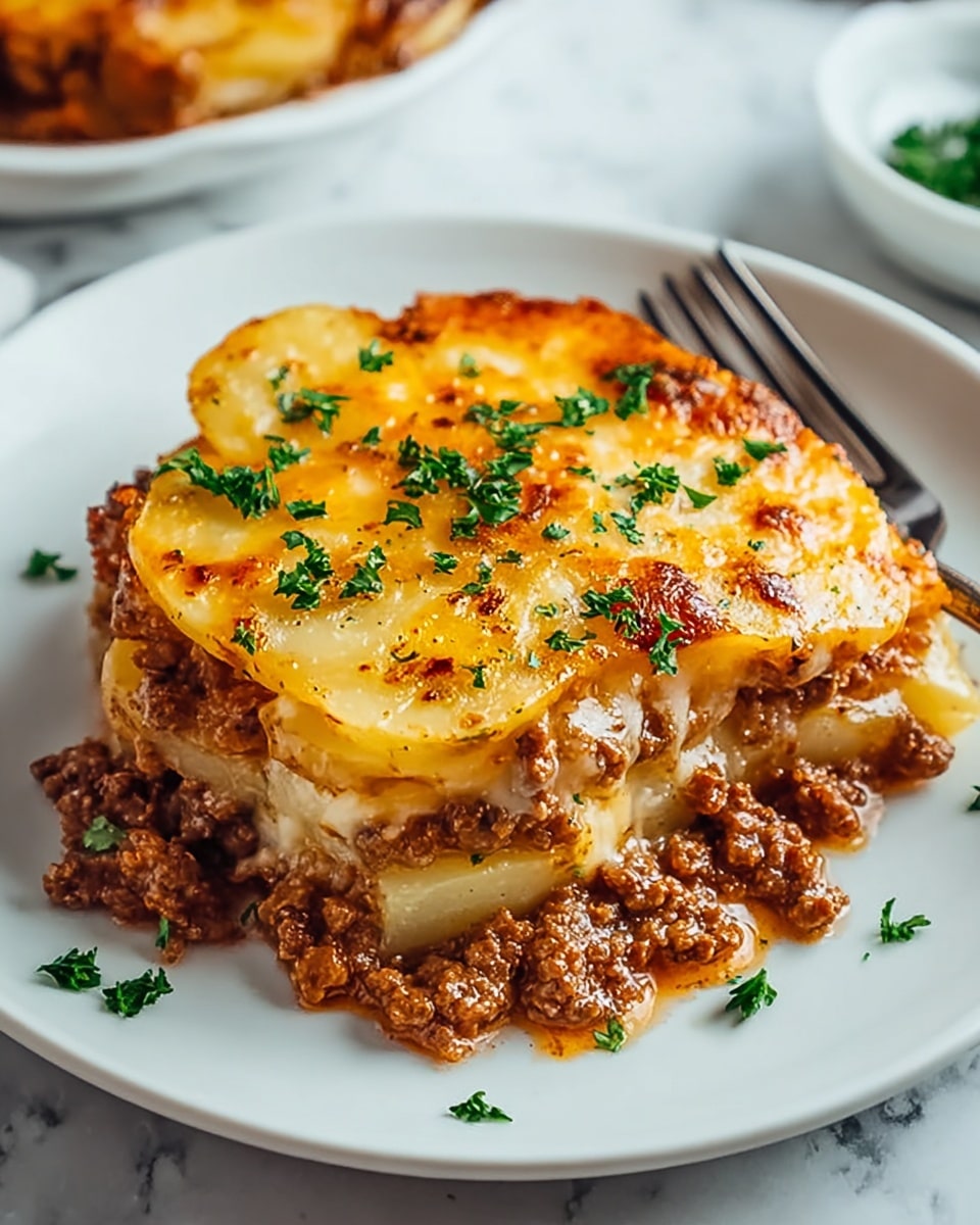 A close-up of a layered dish on a white plate, starting with a base layer of cooked ground meat that looks moist and brown. Above the meat is a thick layer of thinly sliced, soft yellow potatoes arranged to cover the meat completely. The top layer is golden melted cheese with some browned spots, glistening and bubbly, sprinkled with small pieces of chopped green parsley. The edges of the dish have some sauce slightly mixed with the meat. The plate is placed on a white marbled surface. photo taken with an iphone --ar 4:5 --v 7