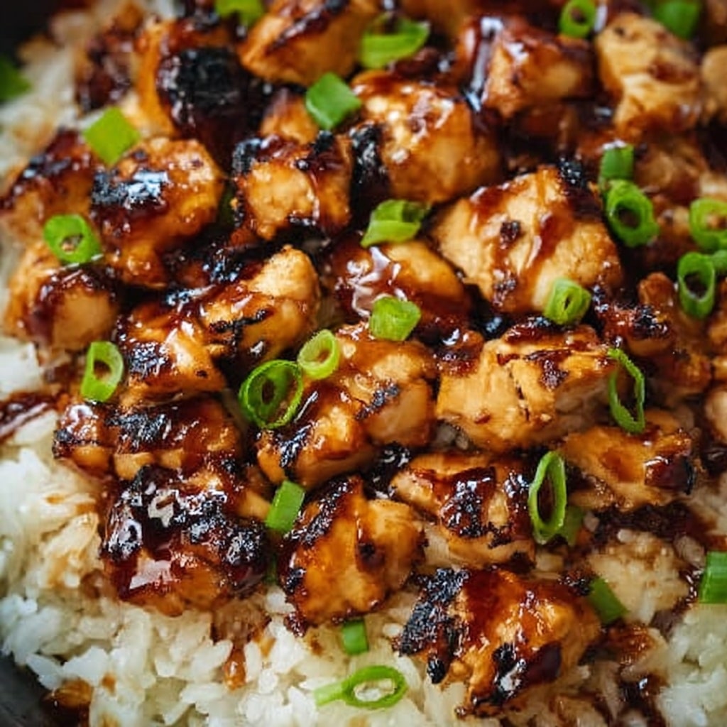 The image shows a close-up of a dish with two layers: at the bottom, there is a layer of cooked rice with a light beige color and soft texture, and on top, pieces of grilled chicken covered in a dark, shiny sauce that looks sticky and slightly caramelized. Scattered over the chicken are small green onion slices adding a fresh green color. The food is on a white plate against a white marbled background. photo taken with an iphone --ar 4:5 --v 7