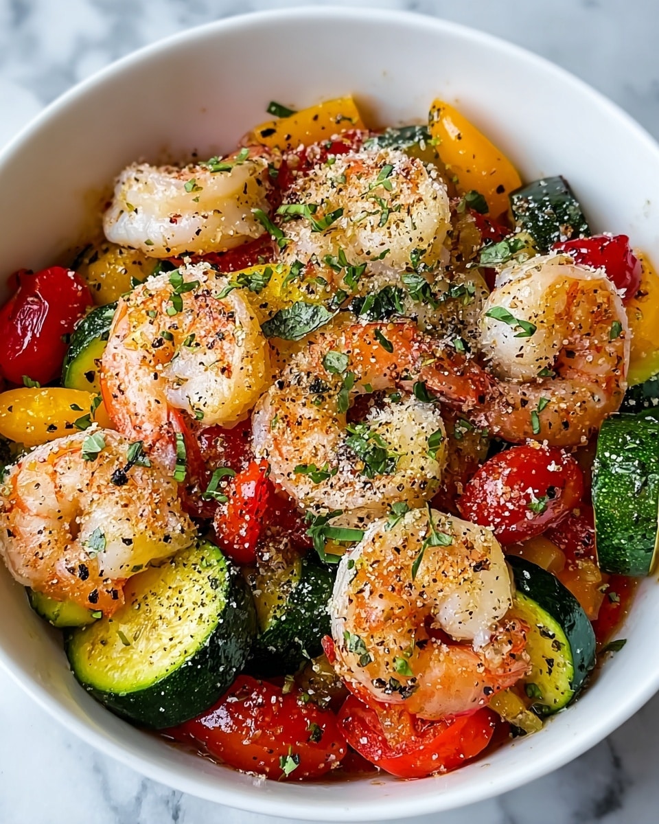 The image shows a white bowl filled with a colorful shrimp and vegetable mix. The top layer has plump, pinkish-orange shrimp with some green herb pieces sprinkled on them. Underneath, there are bright yellow bell pepper chunks, halved red cherry tomatoes with a shiny texture, and slices of green zucchini. Everything is lightly coated with black pepper and a sprinkling of grated cheese or crumbs. The dish sits on a white marbled surface. photo taken with an iphone --ar 4:5 --v 7