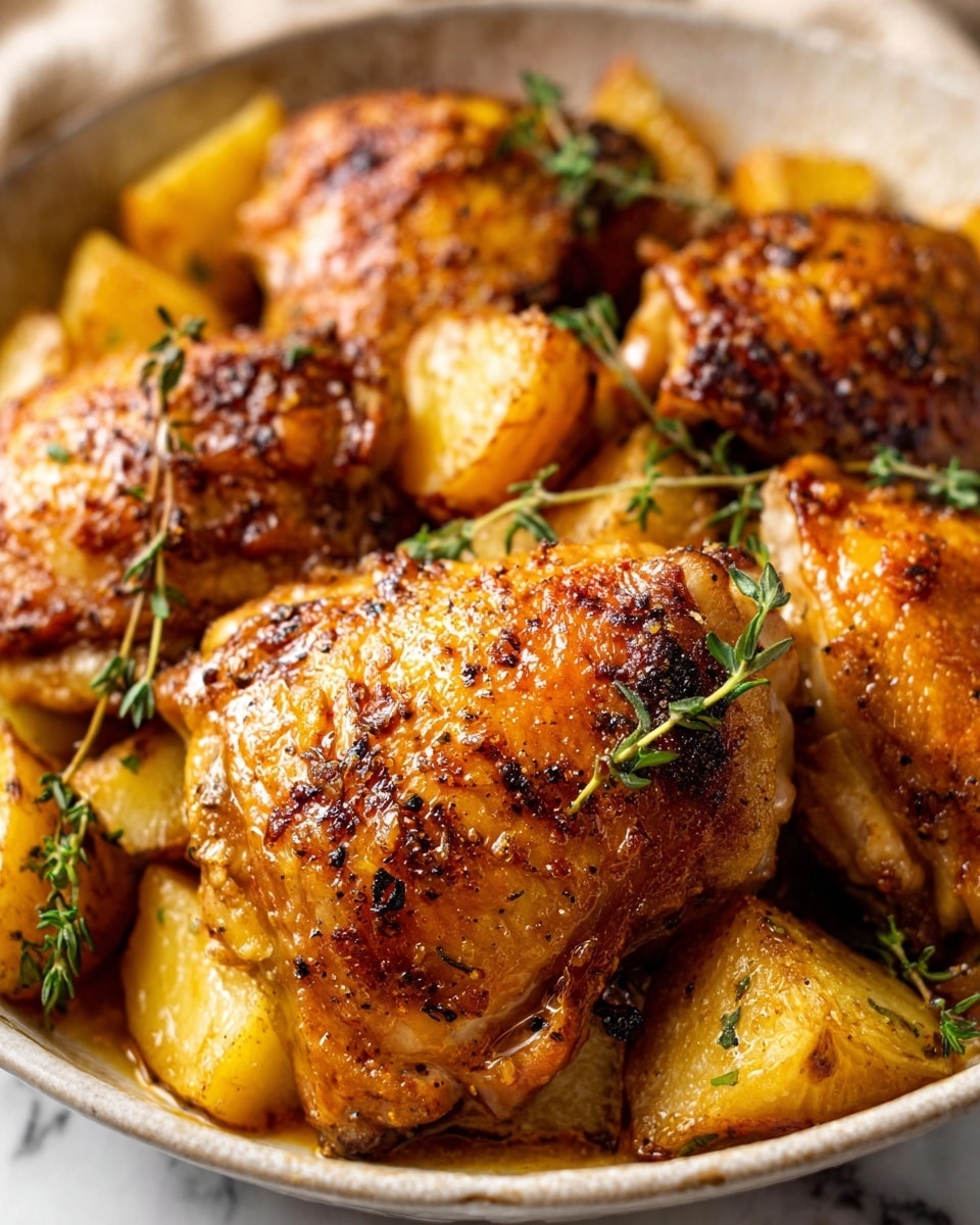 The image shows a close-up of golden-brown roasted chicken thighs with crispy skin sprinkled with fresh green thyme leaves. The chicken pieces are arranged on top of light brown roasted potato chunks inside a white bowl, all placed on a white marbled surface. The chicken has a slightly shiny texture from the glaze, and the potatoes have a rough, roasted look. The overall colors are warm shades of brown and gold, with small green herb highlights. Photo taken with an iphone --ar 4:5 --v 7