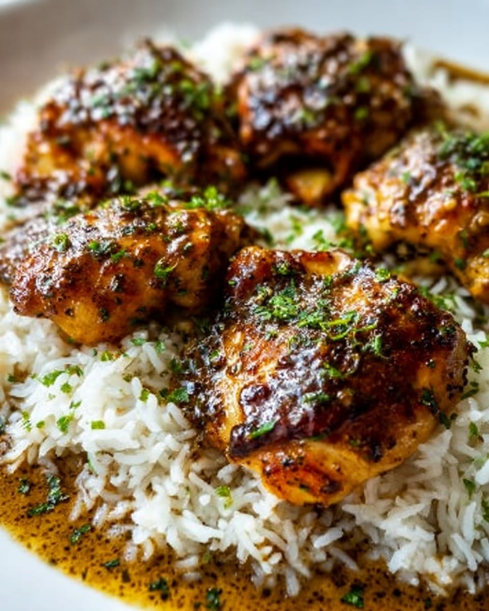 The image shows chicken thighs cooked in a dark brown sauce with small green herbs sprinkled on top. The chicken pieces are placed on a bed of white rice. The rice grains are fluffy and cover the surface below the chicken, spreading evenly all around. The background is a white marbled texture, and the photo is taken close up, focusing on the food. photo taken with an iphone --ar 4:5 --v 7