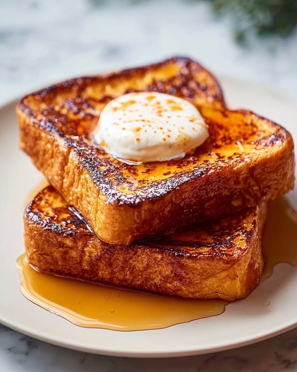 Two thick slices of golden-brown French toast stacked on a white plate with a shiny layer of syrup dripping down the sides. The top slice has a dollop of melting cream butter, slightly speckled with cinnamon or spices. The French toast's surface is crispy with a caramelized crust and textured edges. The background shows a soft focus with warm tones, adding a cozy mood. Photo taken with an iphone --ar 4:5 --v 7