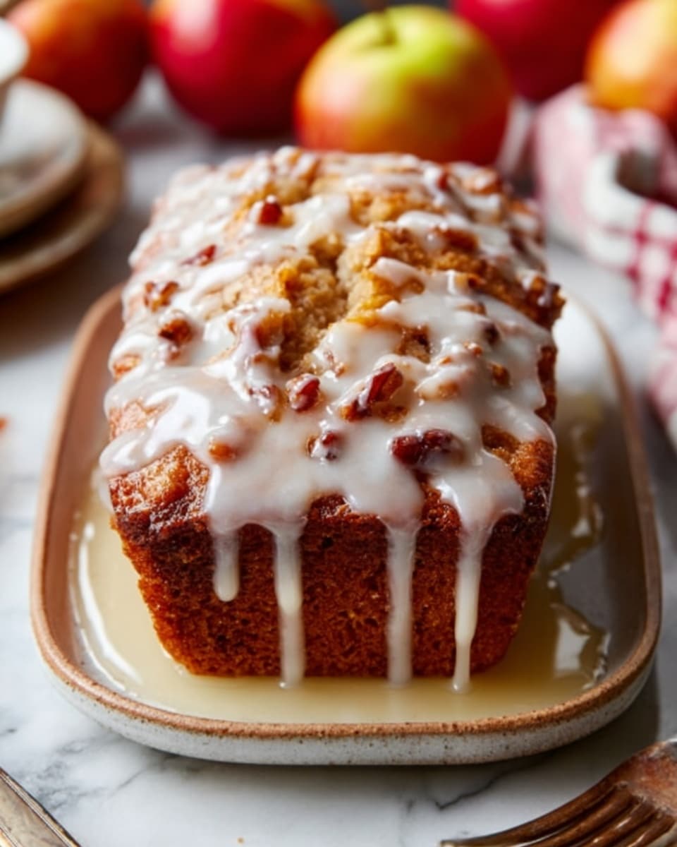 The image shows a loaf cake placed on a white rectangular plate with rounded edges, set on a white marbled surface. The cake has a darker brown base with a slightly rough texture, topped with a glossy white glaze that drips over the edges, covering a layer of chopped pecans that add a crunchy texture and a warm brown color to the top. In the background, there are soft-focus apples and a striped red-and-white cloth, adding a cozy autumn feel. Photo taken with an iphone --ar 4:5 --v 7