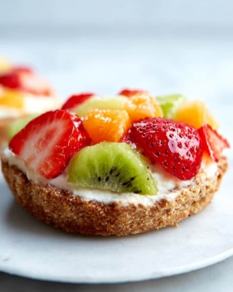 The image shows a close-up of a single round fruit tart on a white plate, placed on a white marbled surface. The tart has a golden brown crust with a rough texture as the base layer. Above the crust, there is a smooth, light cream layer that looks soft and creamy. On top, there are several fresh fruit slices arranged closely together: red strawberries with white seeds, green kiwi pieces with small black seeds, and small orange cantaloupe chunks. The fruits are shiny and fresh, adding bright color and texture contrast to the tart. Photo taken with an iphone --ar 4:5 --v 7