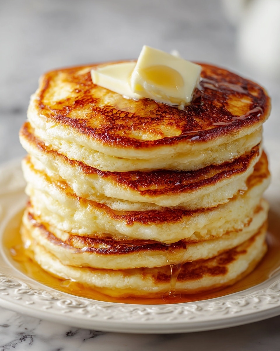 A stack of six thick pancakes sits on a white plate with delicate raised patterns around the edge. Each pancake has a golden-brown surface with crispy edges and a soft, fluffy inside showing through the sides. The pancakes are slightly oily from syrup that pools around the bottom on the plate. On top, two creamy, soft pats of melting butter glisten, slowly melting down into the warm stack. The background features a white marbled texture, giving a clean and bright look. photo taken with an iphone --ar 4:5 --v 7