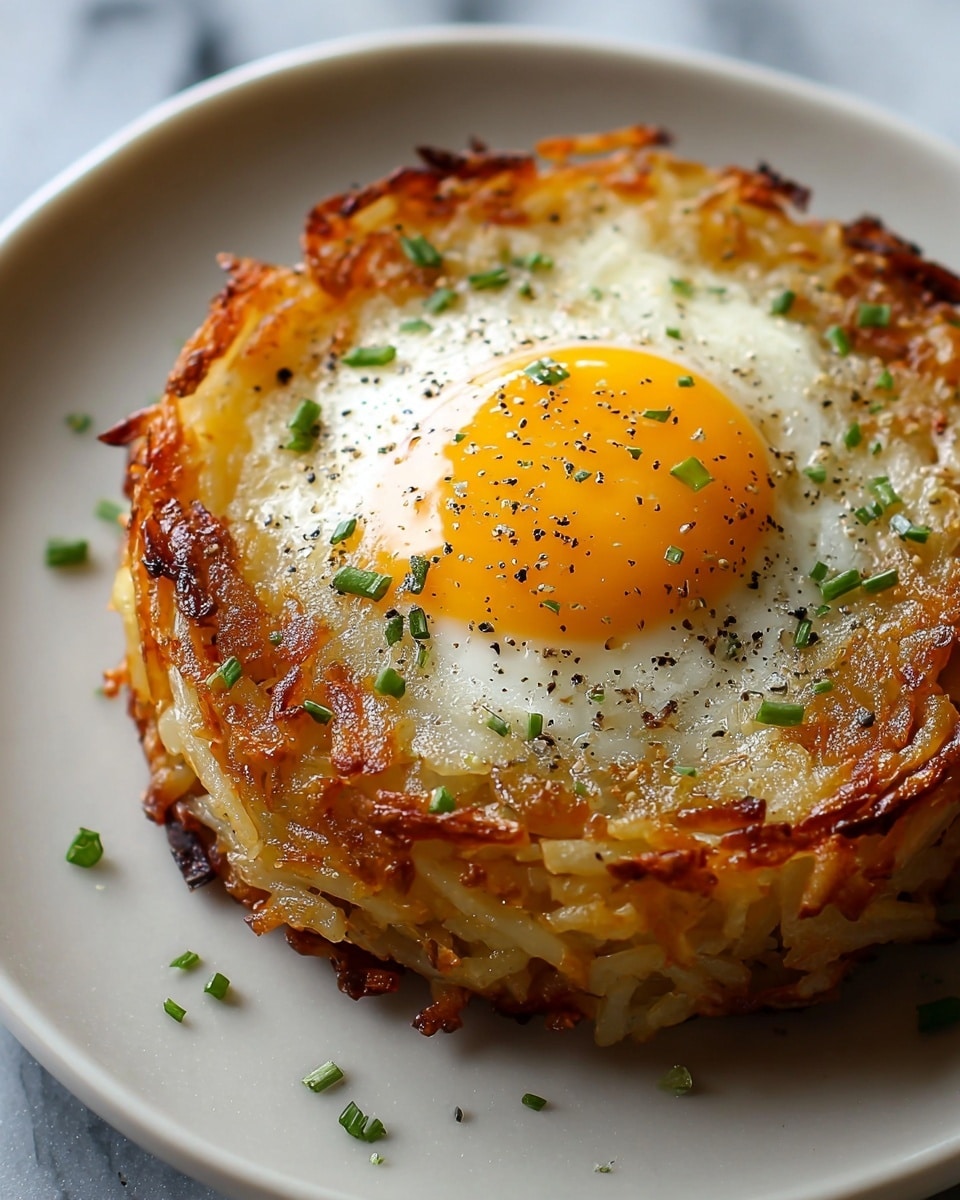 A round, layered breakfast dish sits on a white plate with a dark edge, placed on a white marbled texture. The bottom layer is a golden-brown, crispy hash brown base made from shredded potatoes, visible with some caramelized edges. Above it, there is a thicker, soft layer of cooked eggs mixed with bits of orange and white ingredients, likely cheese and small pieces of vegetables or ham. The top layer is a sunny-side-up egg with a bright yellow yolk in the center, surrounded by glossy, slightly crispy white egg edges. The yolk is sprinkled with cracked black pepper and small green herb pieces, adding a touch of color to the warm tones. photo taken with an iphone --ar 4:5 --v 7