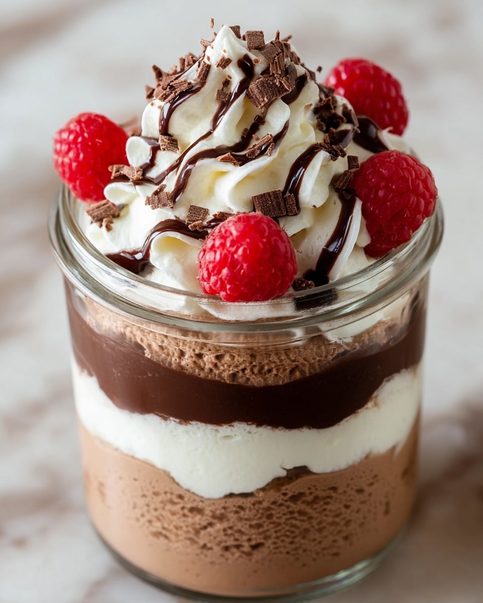 A clear glass jar holds a layered dessert starting with a bottom layer of light brown chocolate mousse with a soft, airy texture, followed by a thick white cream layer in the middle. Above this is another layer of the same light brown chocolate mousse, topped by a wavy drizzle of rich dark chocolate sauce. The dessert is finished with a large swirl of white whipped cream, sprinkled with small, thin curls of dark chocolate, and decorated with three bright red raspberries placed around the whipped cream. The jar sits on a white marbled surface. Photo taken with an iphone --ar 4:5 --v 7