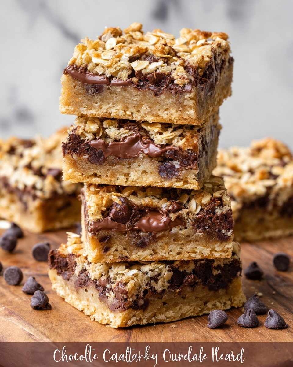 This image shows a close-up of a stack of four healthy chocolate chip oatmeal bars with uneven textures and colors. Each bar has three visible layers: a light golden brown bottom layer that looks firm and crumbly, a thick middle layer filled with melted dark chocolate chips and oatmeal pieces that gives a gooey appearance, and a top layer with a slightly rough texture sprinkled with oats and chocolate chips. The bars are stacked on a light brown wooden board, surrounded by a few individual dark chocolate chips scattered around. The background is a white marbled texture. Photo taken with an iphone --ar 4:5 --v 7