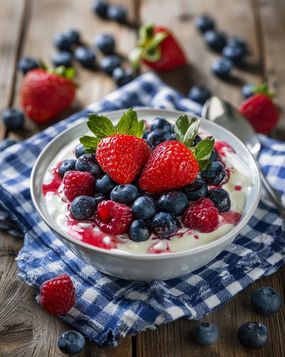 A white bowl filled with a creamy white yogurt base, topped with fresh blueberries, raspberries, and two large halved strawberries placed in the center. The berries are shiny and vibrant, with the blueberries dark blue, raspberries deep red, and strawberries bright red with green leaves. There is a light drizzle of pink berry sauce over the yogurt. The bowl is set on a blue and white checkered cloth over a wooden table, with loose blueberries and strawberries scattered around. The image is bright with natural light and soft focus on the background. Photo taken with an iphone --ar 4:5 --v 7
