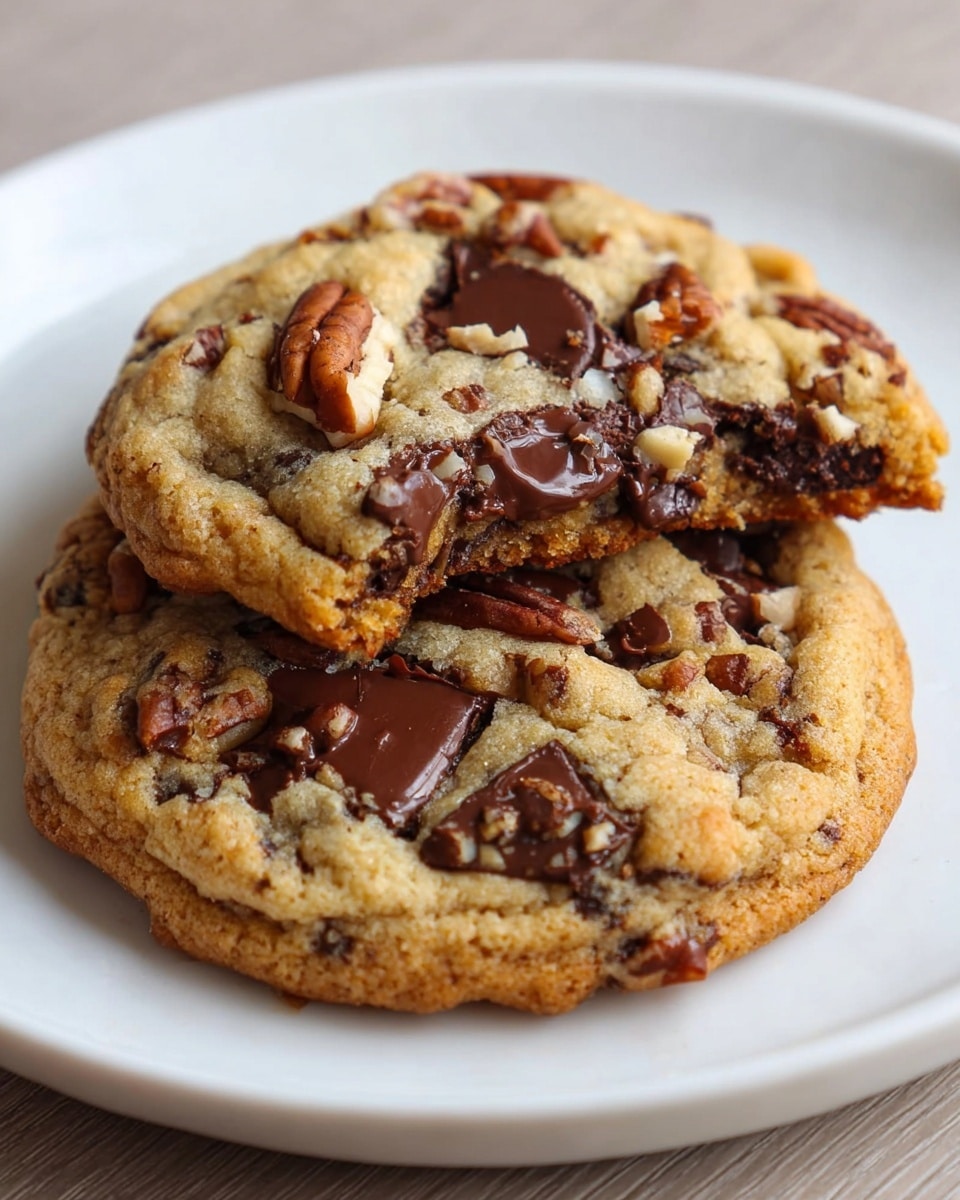 Two thick chocolate chip cookies rest on a white plate with a white marbled background. The cookie on the bottom is whole, showing a golden-brown, slightly crispy edge with a soft, light brown center dotted with melted chocolate chunks and small pecan pieces. The cookie on top is broken in half, revealing two layers: a crumbly, light golden outer layer and a gooey, dark chocolate-filled middle layer with visible nut fragments. The top cookie also has large chocolate chunks and pecan pieces scattered across its surface, adding texture and richness. photo taken with an iphone --ar 4:5 --v 7