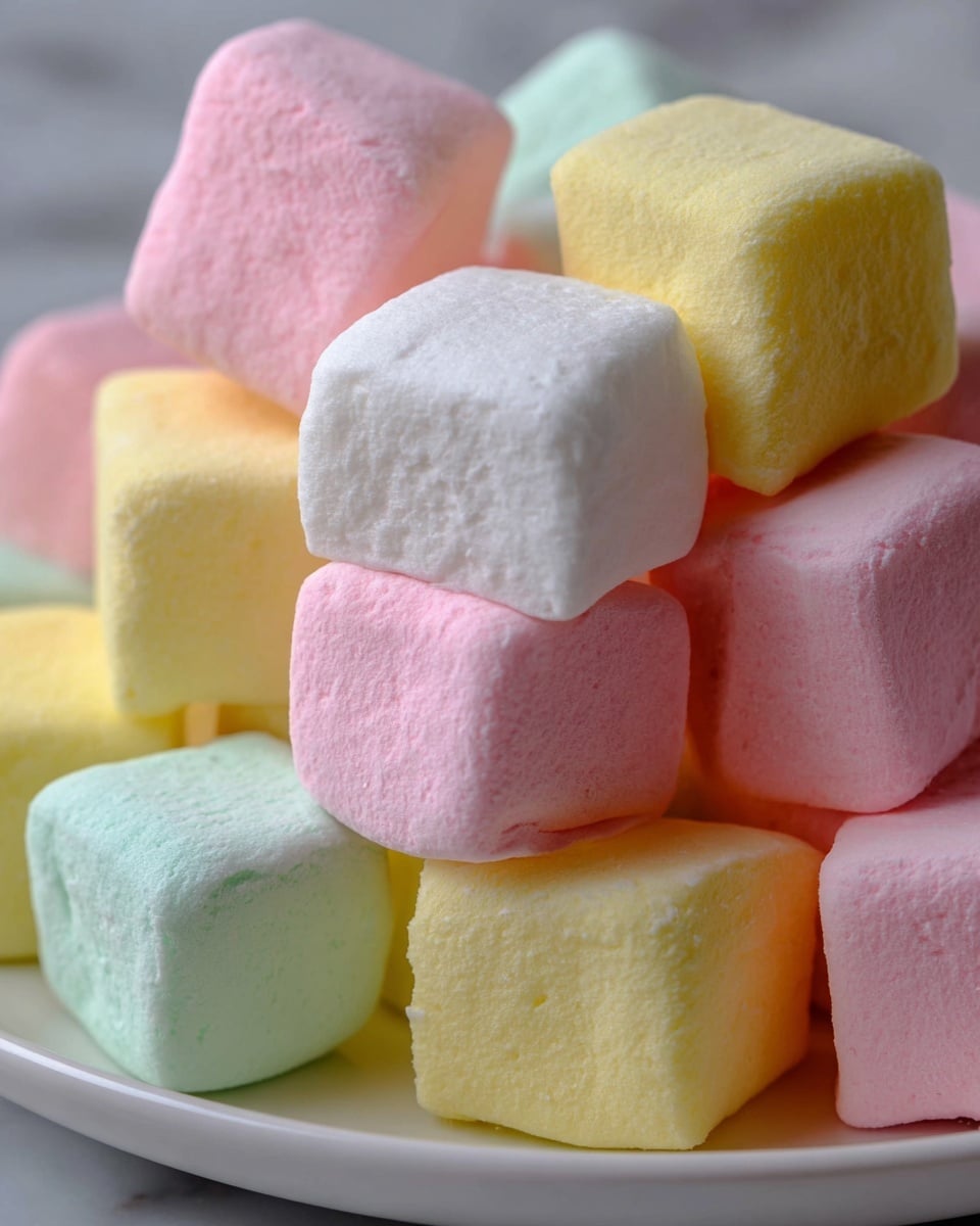 A close-up of several small square marshmallows piled together on a white plate. The marshmallows are soft and smooth with rounded edges, featuring pastel colors in light pink, pale green, soft yellow, and white, evenly mixed throughout the pile. Each marshmallow has a slightly shiny, smooth texture with visible tiny air bubbles on the surface. The background is a white marbled texture, softly out of focus, which highlights the colorful treats. photo taken with an iphone --ar 4:5 --v 7
