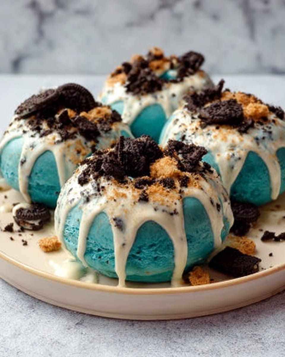 The image shows five turquoise donuts with a smooth, shiny glaze sitting in a circle on a white plate with a slightly speckled texture. Each donut is topped with thick white icing that drips down the sides. On top of the icing, there are crushed cookies in dark brown and light brown shades layered unevenly, adding a crunchy texture. The plate is placed on a white marbled surface with a soft cloth at the front left corner. photo taken with an iphone --ar 4:5 --v 7