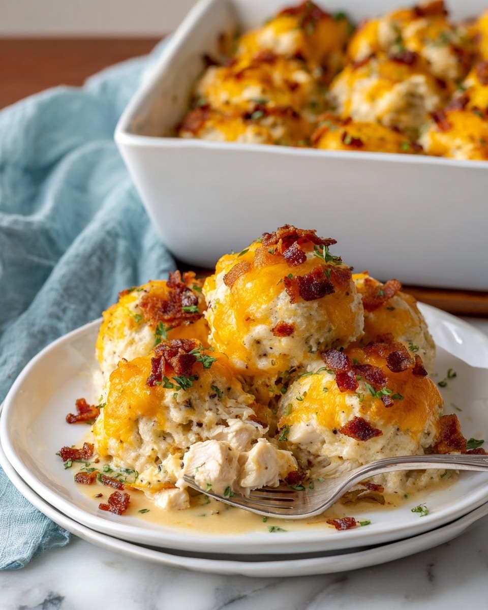 A white plate holds a serving of a creamy baked dish with four golden-brown biscuit-like mounds topped with melted orange cheddar cheese and small crispy bacon pieces, sprinkled with green herbs. Inside the biscuit mounds, visible chunks of white chicken and creamy sauce add texture and moisture. In the background, a white rectangular baking dish with more of the same cheesy biscuit mounds sits on a blue cloth, all placed on a wooden surface with a white marbled texture background. A silver fork rests on the plate, partially inserted into the food. Photo taken with an iphone --ar 4:5 --v 7