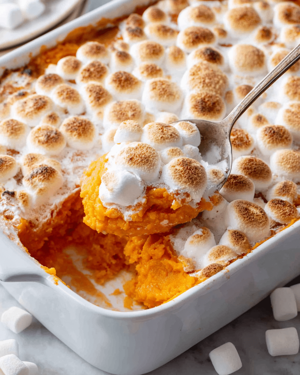 A white rectangular baking dish holds a two-layer dessert, with a bright orange, smooth textured bottom layer partially scooped out, revealing the topping layer of toasted mini marshmallows that are lightly browned and fluffy, covering about half of the dish. A silver spoon is scooping from the middle where the layers meet, blending the soft orange base and melted marshmallow topping. The dish sits on a white marbled surface, with a white plate holding more of the dessert nearby and scattered mini marshmallows around. photo taken with an iphone --ar 4:5 --v 7
