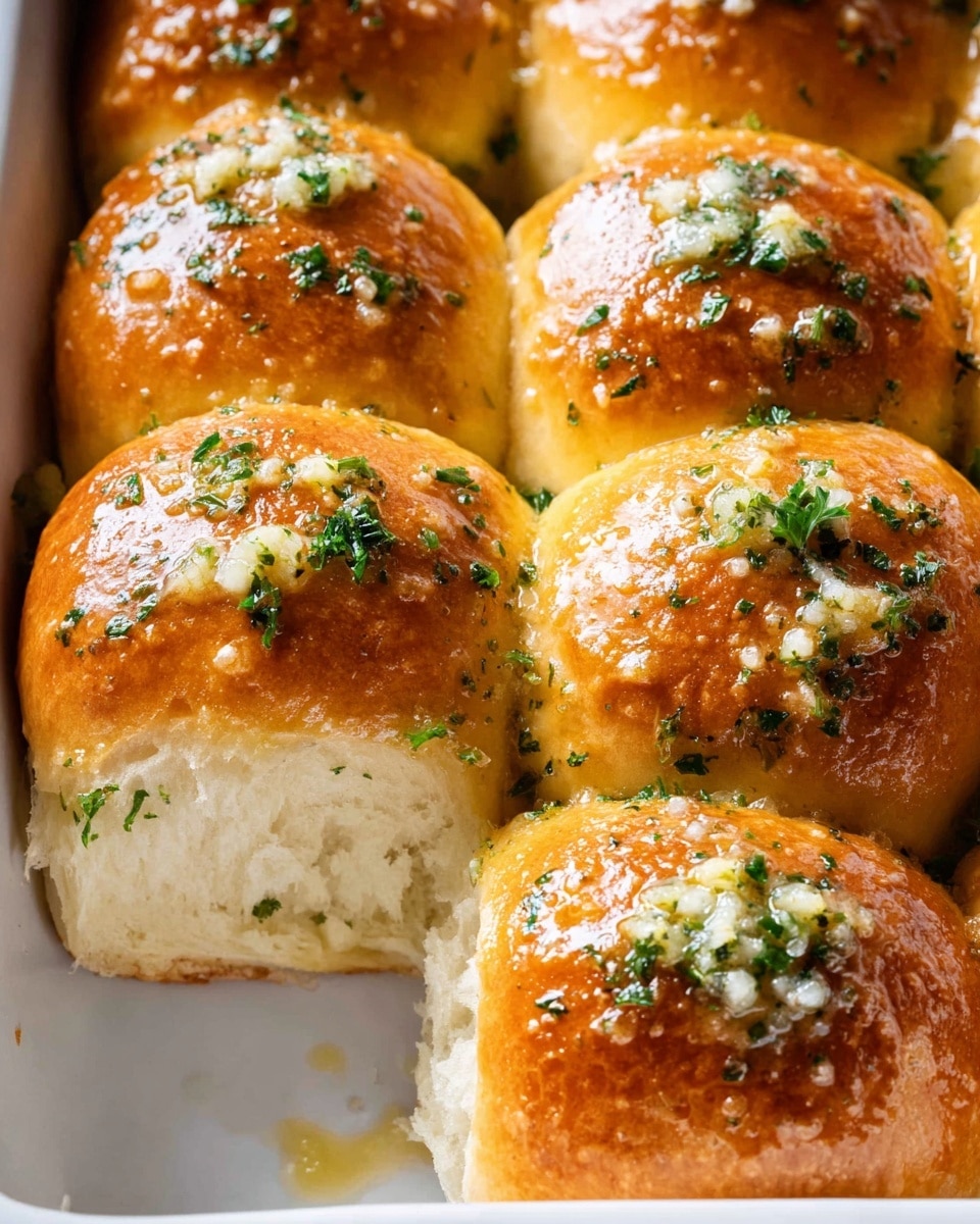 The image shows a close-up of eight golden brown dinner rolls arranged in a white baking dish on a white marbled surface. Each roll has a shiny, slightly crispy top with scattered green parsley pieces and bits of minced garlic, giving a textured look. One roll is slightly pulled apart, revealing the soft, fluffy white inside layers beneath the browned crust. The surface of the rolls is glossy, likely brushed with butter, adding to their appetizing shine. The arrangement is tight, with the rolls touching each other, and some coarse salt crystals are visible on top. photo taken with an iphone --ar 4:5 --v 7