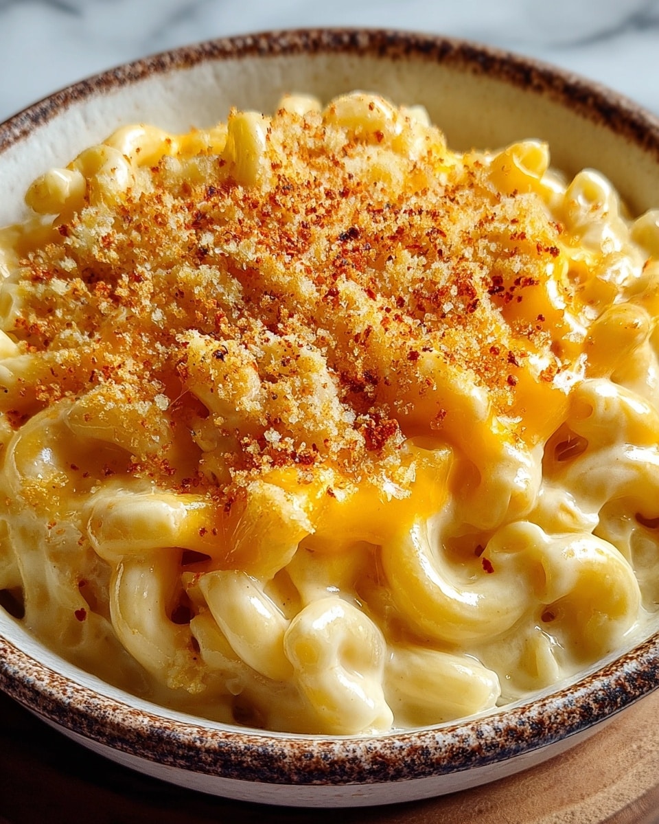 A close-up view of a bowl filled with creamy macaroni and cheese, showing three main layers. The bottom layer is soft, pale yellow macaroni coated in smooth, light cheese sauce. The middle layer has melted bright orange cheddar cheese spread evenly over the macaroni. The top layer is golden brown toasted breadcrumbs sprinkled with a light dusting of red paprika, adding texture and color contrast. The bowl is white with a speckled brown rim, sitting on a white marbled surface. Photo taken with an iphone --ar 4:5 --v 7