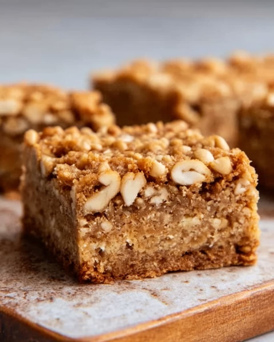 A close-up image shows a square slice of nutty baked good placed on a wooden board with a white marbled background. The bar has two visible layers: the bottom layer is light brown and grainy with small chunks of nuts inside, while the top layer is a slightly darker golden brown with a rough, crumbly texture, sprinkled with smaller nut pieces. The edges are clean cut, showing the dense and chewy inner texture with some white nut pieces inside. The photo taken with an iphone --ar 4:5 --v 7