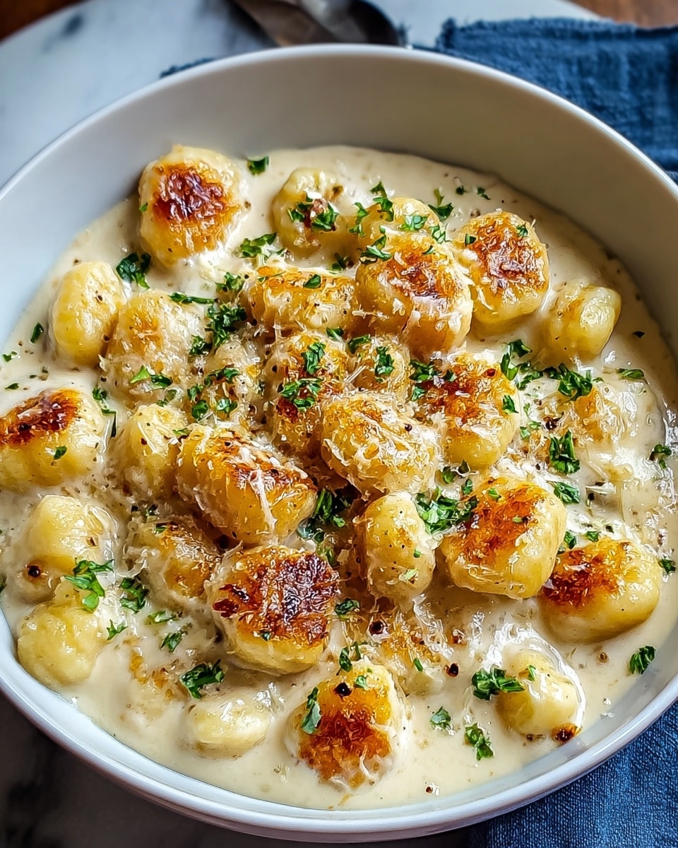 The image shows a white bowl filled with gnocchi covered in a creamy sauce. The gnocchi pieces are golden brown on top with some crispy, toasted spots, adding texture and color. The creamy sauce is thick and pale, filling the bowl and surrounding the gnocchi. Small green parsley flakes are sprinkled on top, adding a fresh touch to the creamy dish. The bowl sits on a white marbled surface with a blue cloth napkin partially visible underneath. photo taken with an iphone --ar 4:5 --v 7