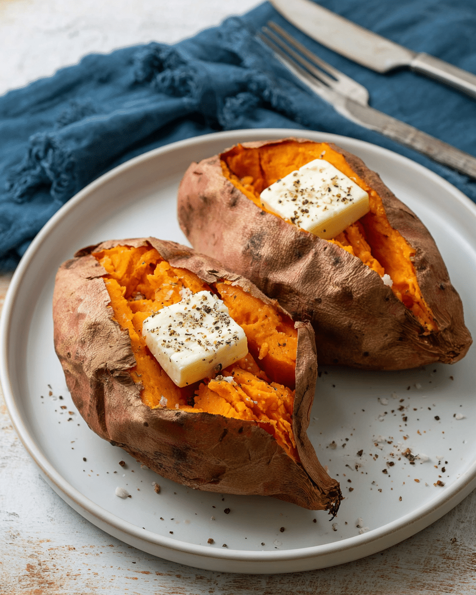 Two baked sweet potatoes are placed on a white plate. Each sweet potato is cut open on the top, revealing bright orange, soft, mashed flesh inside. On top of the orange layer, there is a square piece of white butter sprinkled with black pepper. The potatoes have a rough, slightly wrinkled brown skin with some natural spots. The plate sits on a wooden table with a blue cloth napkin, a knife, and a fork nearby. Photo taken with an iphone --ar 4:5 --v 7