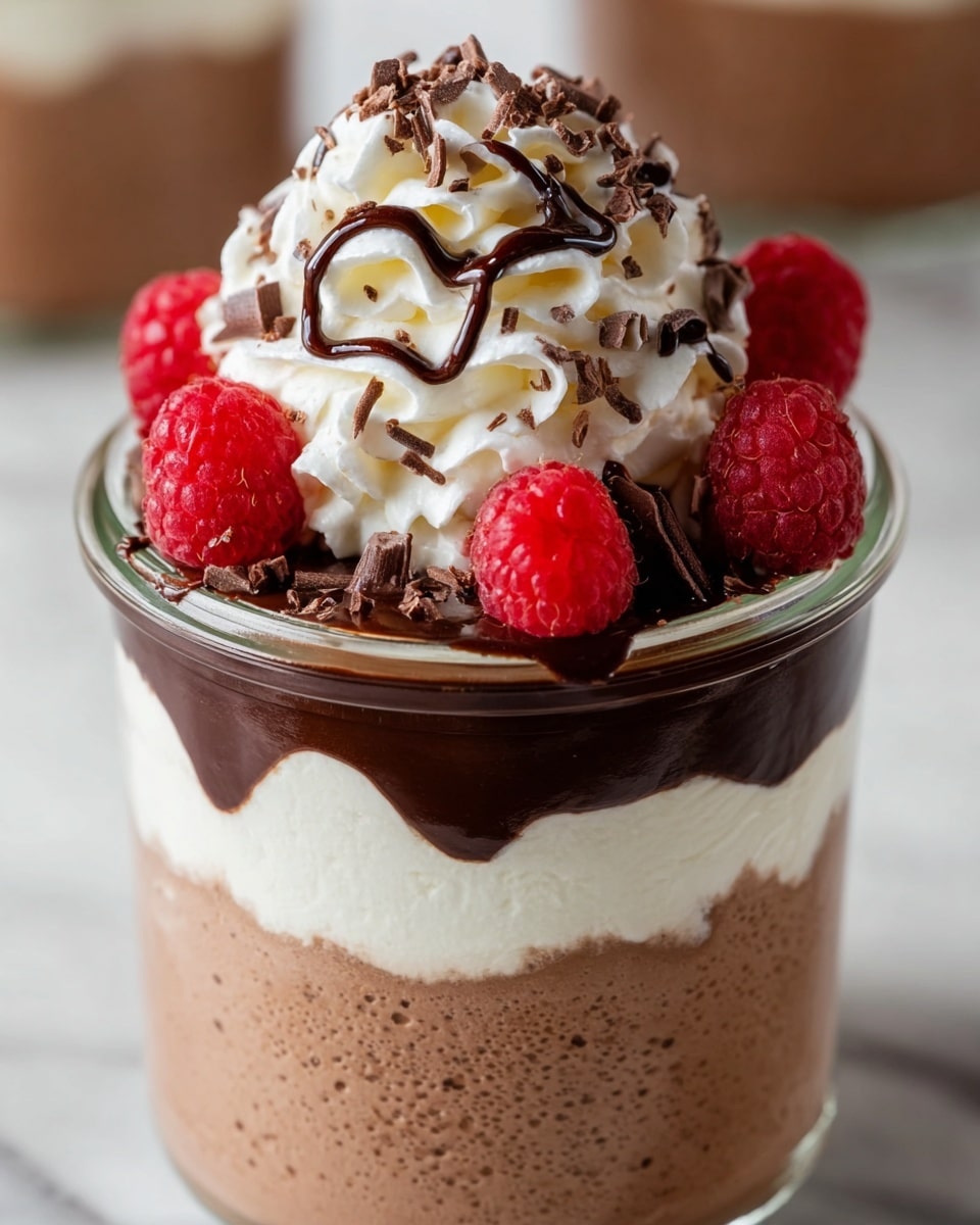 A clear glass jar shows a dessert with multiple layers: at the bottom, a thick layer of airy dark chocolate mousse with small holes in texture, followed by a smooth white cream layer, then another thick layer of the same dark chocolate mousse, topped with a shiny dark chocolate sauce dripping slightly down the sides, then a tall swirl of white whipped cream sits on top, decorated with three bright red raspberries evenly spaced around and small dark chocolate shavings sprinkled over the whipped cream. The jar is placed on a white marbled surface. photo taken with an iphone --ar 4:5 --v 7
