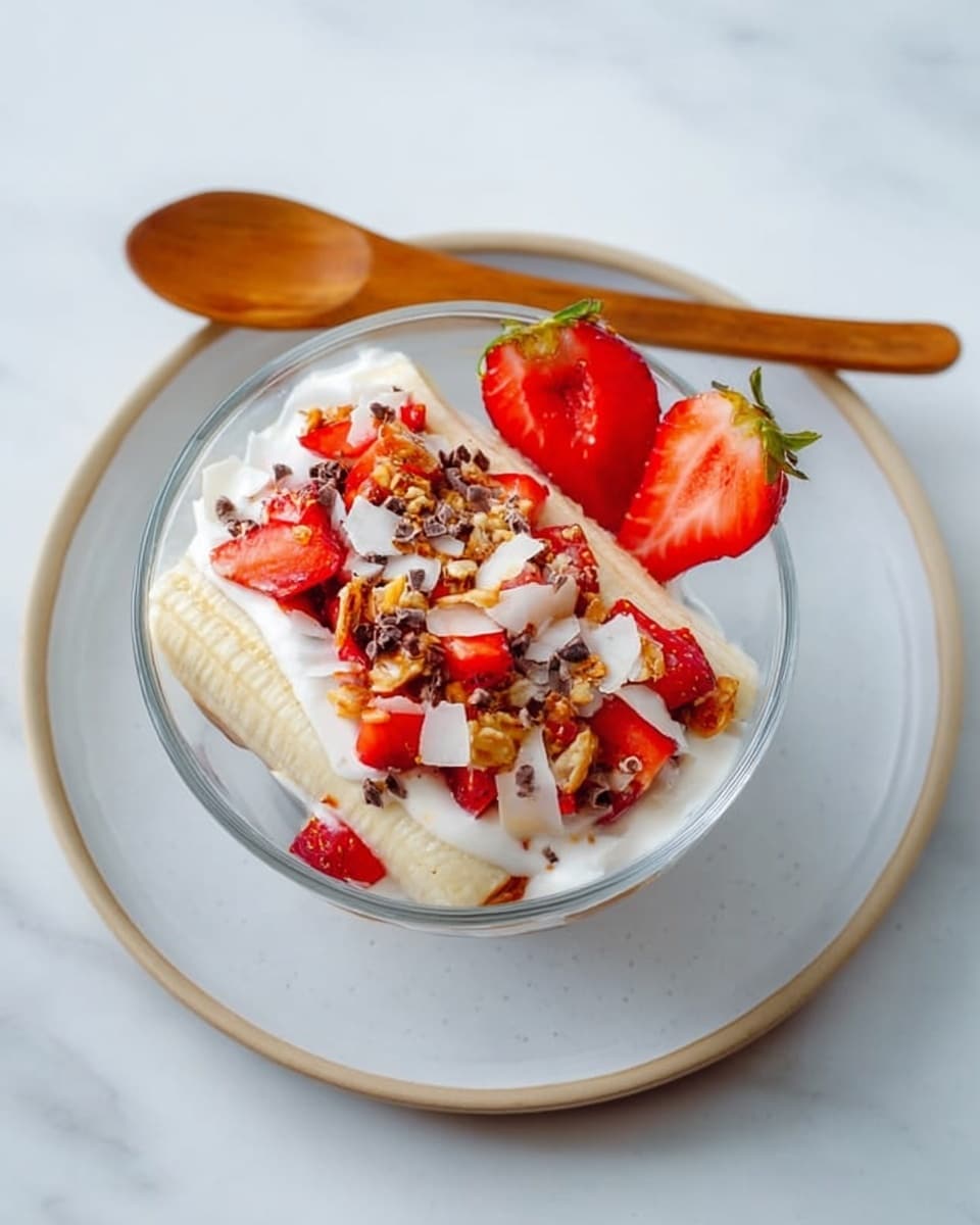 A clear bowl placed on a white plate filled with a dessert made of three visible layers: the bottom layer is made of smooth, pale yellow banana halves, topped with a middle layer of chunky red strawberry pieces and a dollop of white cream, and sprinkled over the cream are toasted light brown coconut flakes and small, dark chocolate bits, two strawberry halves rest on the side. A wooden spoon lies on the plate next to the bowl, and the background surface is a white marbled texture. photo taken with an iphone --ar 4:5 --v 7