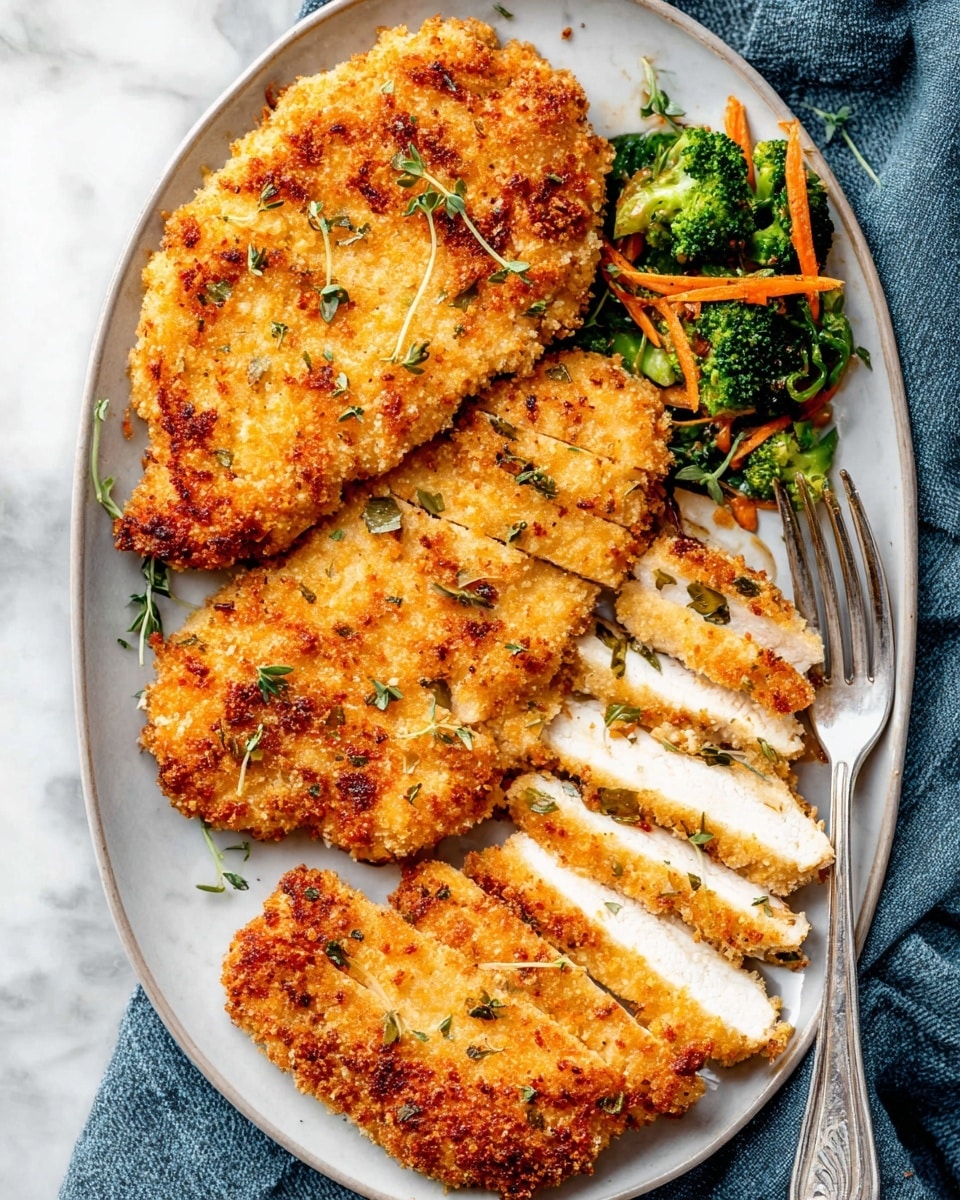 The image shows a white speckled oval plate on a white marbled surface holding three pieces of golden-brown crispy breaded chicken, each piece thick and crunchy with a textured coating, garnished with small green herb leaves. One piece of chicken is sliced into thick strips, revealing juicy white meat inside, placed at the lower center of the plate. To the right of the chicken is a small side of mixed vegetables including bright green broccoli florets, leafy greens, and thin orange carrot strips, all mixed with a light dressing or sauce. A silver fork is placed on the bottom right edge of the plate. The plate is partially on a blue cloth. photo taken with an iphone --ar 4:5 --v 7