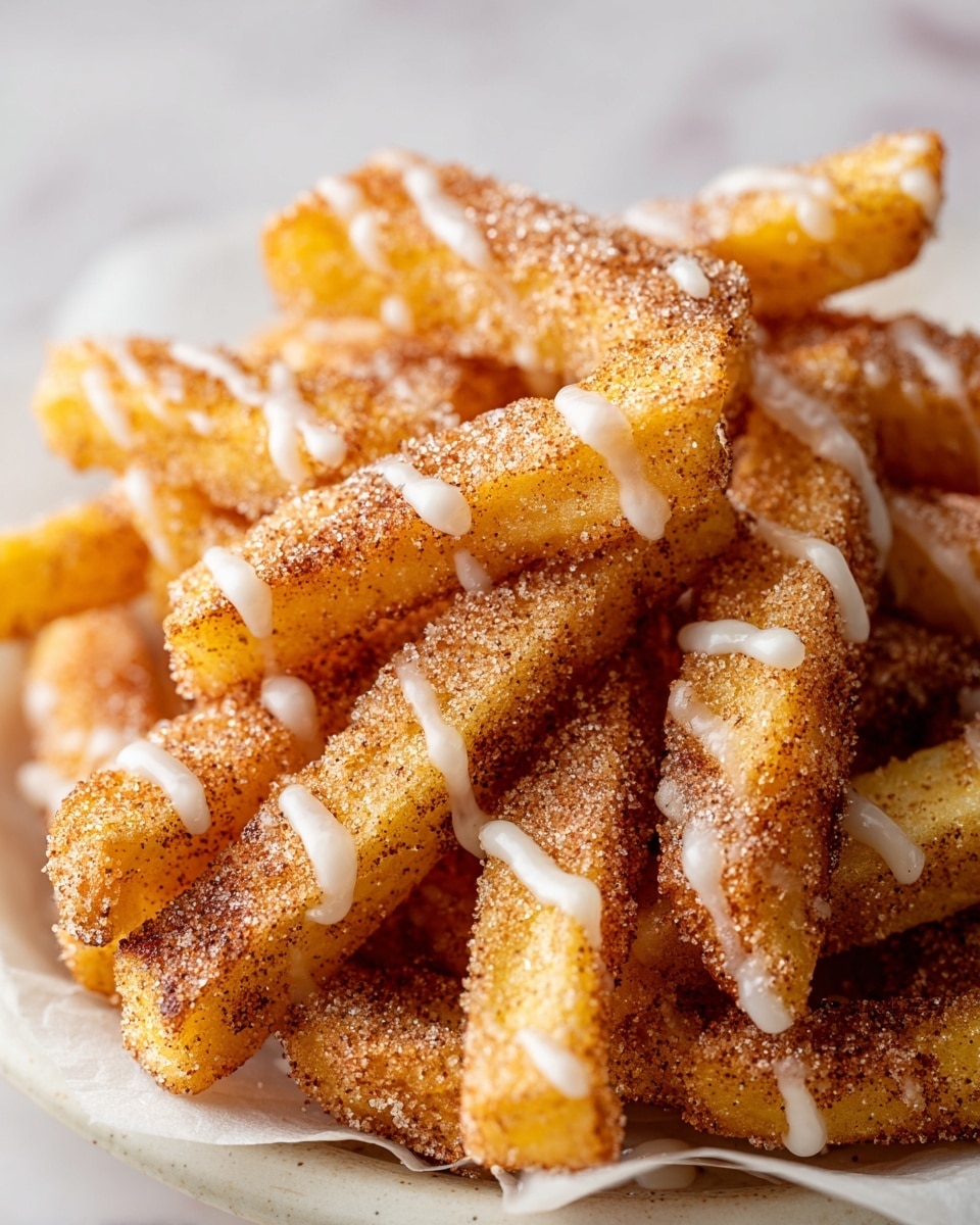 The image shows a close-up of several golden-yellow fries coated with a grainy layer of cinnamon sugar that adds a rough texture. The fries are unevenly stacked on a white plate lined with white parchment paper, creating a cozy pile with each fry showing crispy edges and a soft interior. Drizzles of a smooth white glaze run diagonally over the fries, adding a glossy contrast to the matte sugar coating. The background is a white marbled texture, enhancing the warm colors of the fries and their sugary topping. photo taken with an iphone --ar 4:5 --v 7