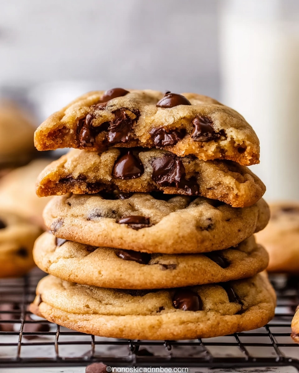 A close-up image showing a stack of four thick chocolate chip cookies resting on a wire rack, each cookie golden brown with a soft, chewy texture and plenty of dark chocolate chips embedded throughout. The top cookie is broken in half, revealing a moist and tender inside with melted chocolate chips inside the light brown dough. The cookies have slightly crinkled surfaces, and the background features a soft, out-of-focus white marbled texture with a glass of milk faintly visible. photo taken with an iphone --ar 4:5 --v 7