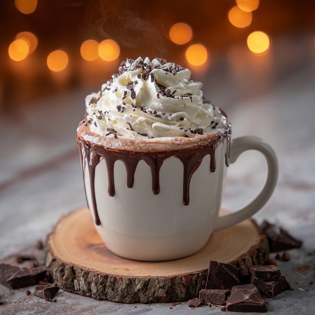 A white mug filled with hot chocolate topped with a swirl of white whipped cream sprinkled with small chocolate pieces, with rich chocolate sauce dripping down the side of the mug; steam rises from the drink, creating a soft, warm effect. The mug sits on a round wooden coaster placed on a white marbled textured surface scattered with chocolate chunks and crumbs. The background is softly blurred with glowing orange round lights creating a cozy atmosphere. photo taken with an iphone --ar 4:5 --v 7