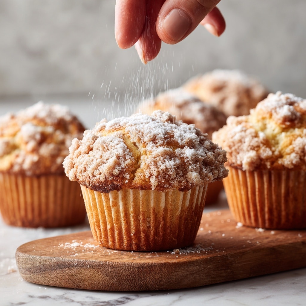 The image shows a close-up of several muffins on a wooden board. One muffin is in the front, peeled halfway out of its white paper liner, with a crumbly topping dusted with powdered sugar being sprinkled from above. The muffins in the background are slightly blurred, showing a light brown color with a rough texture on top. A cinnamon stick is visible resting near the muffins. The lighting is soft and warm, highlighting the texture of the crumb topping and powdered sugar falling lightly around. The surface is a white marbled texture. photo taken with an iphone --ar 4:5 --v 7