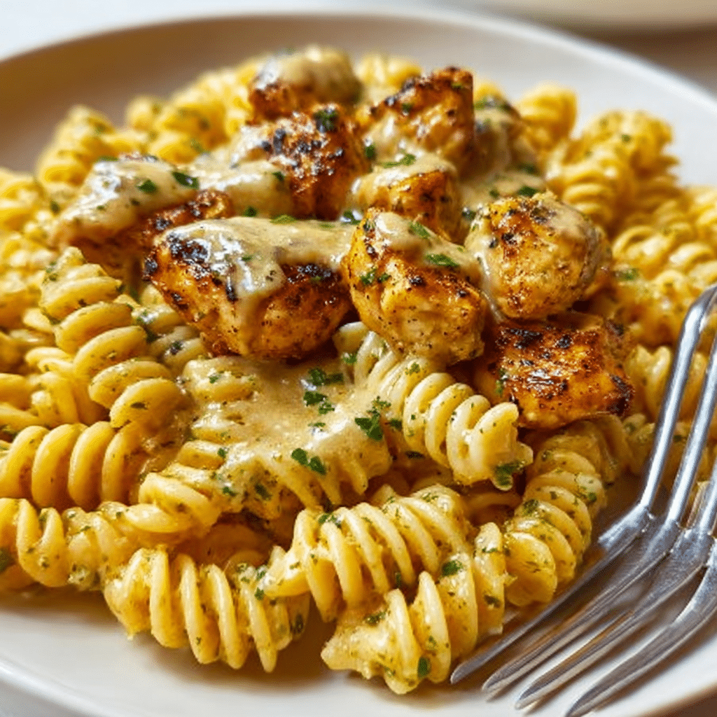 Creamy Garlic Parmesan Chicken with Cheesy Twisted Pasta Recipe - Recipe Image