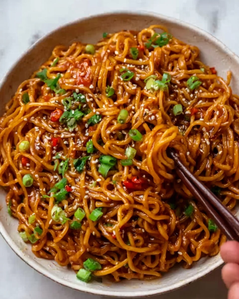 A white bowl filled with glossy, dark brown noodles coated in sauce, with small pieces of orange carrot mixed in. The noodles are topped with chopped fresh green onions and sprinkled with white sesame seeds. A woman's hand is holding wooden chopsticks picking up a portion of the noodles. The bowl sits on a white marbled surface. photo taken with an iphone --ar 4:5 --v 7