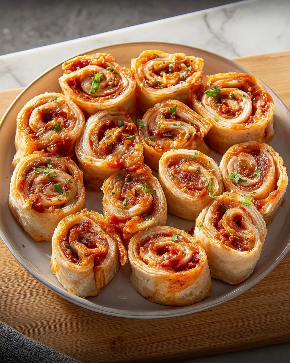 A round white plate holds eleven pieces of rolled pizza pinwheels arranged closely together. Each pinwheel shows tightly rolled layers of light golden-brown dough with visible swirls of bright red tomato sauce and melted cheese, creating a spiral pattern. Small green herb leaves are scattered on top for garnish, adding a fresh contrast to the warm tones of the rolls. The plate sits on a wooden board, and the whole scene is set against a white marbled textured surface. photo taken with an iphone --ar 4:5 --v 7