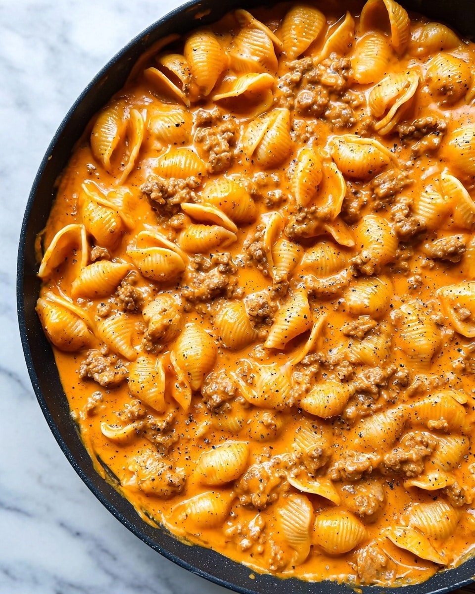 A close-up view of a black pan filled with creamy pasta shells coated in a rich orange sauce with visible small pieces of browned ground meat spread evenly throughout. The pasta shells are plump and shiny, with smooth textures, and the sauce looks thick and velvety, covering each shell well. There are small black pepper flakes sprinkled on top, adding contrast to the orange sauce. The pan sits on a white marbled surface. Photo taken with an iphone --ar 4:5 --v 7