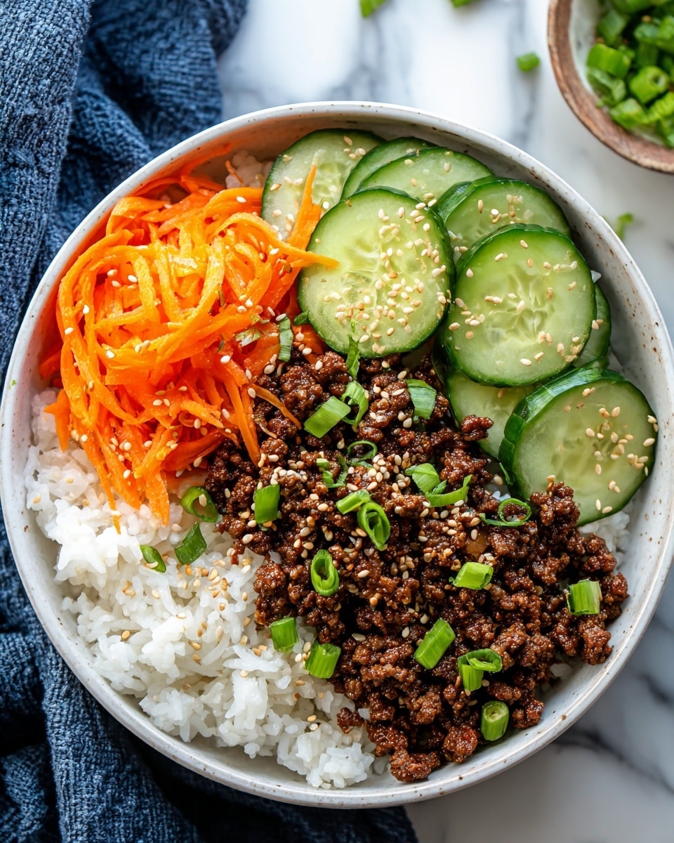 A white bowl contains four layers arranged side by side: at the bottom right, there is fluffy white rice sprinkled with green chopped scallions, at the top right, thin orange carrot strips with sesame seeds and scallions, at the top left, cooked brown minced meat garnished with sesame seeds and scallions, and at the bottom left, fresh green cucumber slices also sprinkled with sesame seeds. The bowl is placed on a white marbled surface with a dark blue cloth partially visible. photo taken with an iphone --ar 4:5 --v 7
