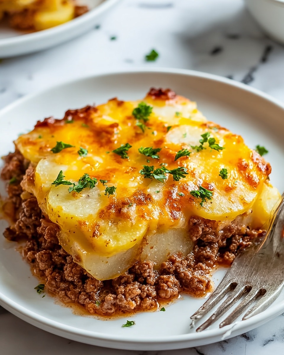 The dish shows a close-up of a layered casserole on a white plate, placed on a white marbled texture. The bottom layer is crumbled cooked ground beef with a browned and slightly saucy texture. Above that is a layer of thin potato slices that are pale yellow. The top layer is a golden brown melted cheese, with some spots more browned from baking, and it is sprinkled with chopped green parsley for color. A fork rests on the plate beside the food, adding to the casual serving setup. photo taken with an iphone --ar 4:5 --v 7