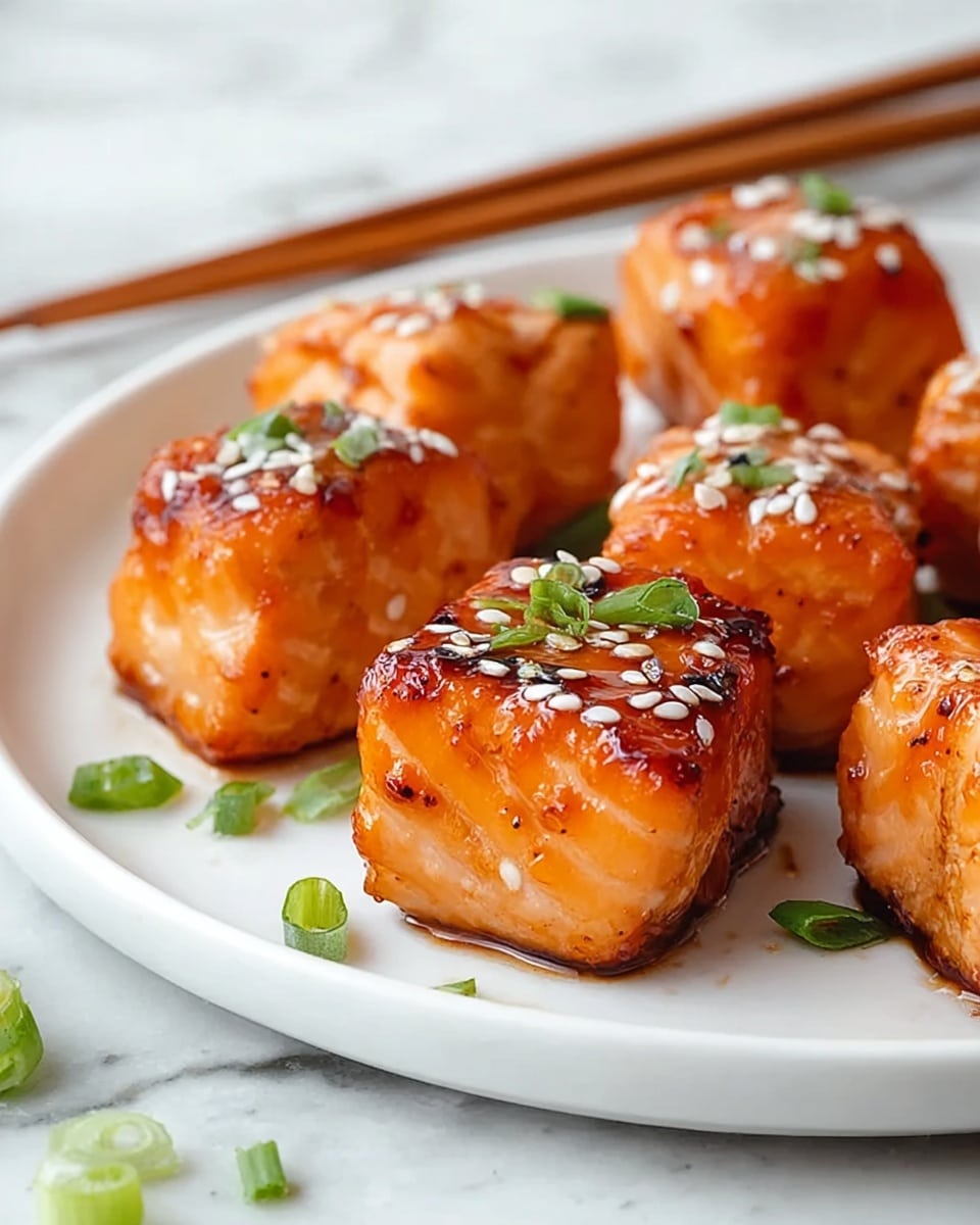 The image shows several small, square pieces of cooked salmon arranged closely on a white plate. Each salmon piece has a shiny, glazed orange-brown surface with a slightly crispy texture that catches the light. The top of the salmon is sprinkled with white sesame seeds and small pieces of fresh green onion, adding contrast and freshness. The plate sits on a white marbled surface, and a pair of wooden chopsticks is placed diagonally in the bottom left corner of the scene, with a few green onion slices scattered around. photo taken with an iphone --ar 4:5 --v 7