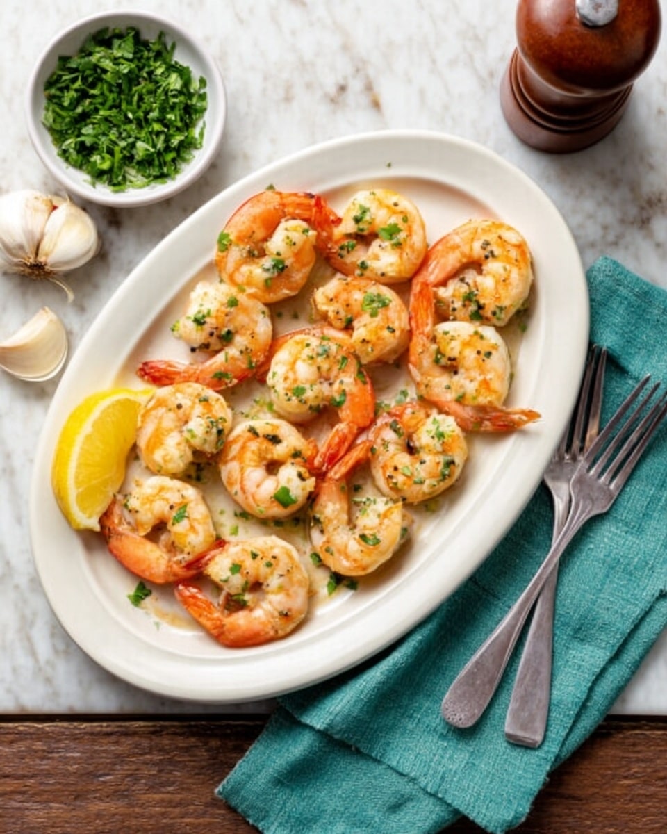 A white oval plate on a white marbled surface holds about ten cooked shrimp arranged in a single layer. The shrimp are pink-orange with some light seasoning and small green herb bits sprinkled on top. A lemon wedge sits on the left side of the plate. Next to the plate, there is a small white bowl filled with chopped green herbs. A silver fork and knife rest on the right side of the plate on a teal cloth napkin underneath. In the background, there are garlic cloves and a brown pepper grinder. Photo taken with an iphone --ar 4:5 --v 7