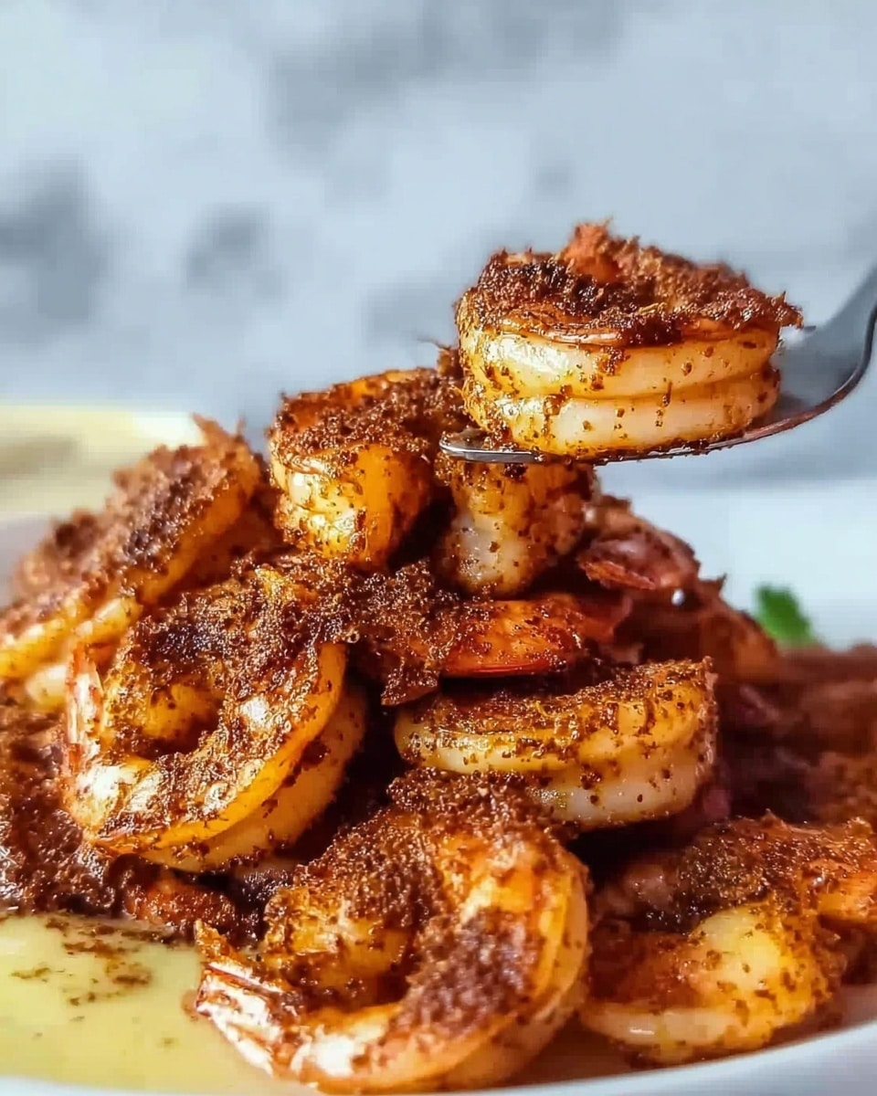 A close-up of cooked shrimp with a dark brown spice coating creating a crispy texture, stacked on top of each other to form a pile; the shrimp's natural pink and white colors slightly visible under the spice layer, and a woman's hand holding a spoon lifting some shrimp from the pile. Part of a white plate is seen at the bottom left corner with a light yellow sauce on it. The background has a soft white marbled texture. photo taken with an iphone --ar 4:5 --v 7