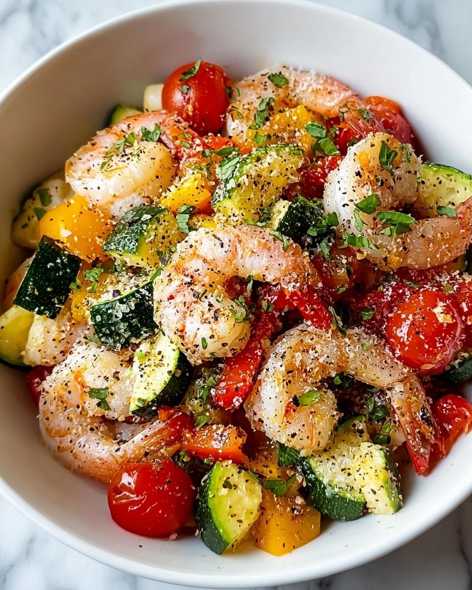 A white bowl filled with a colorful shrimp dish, featuring large cooked shrimp with pink and white shades sitting atop a mix of halved red cherry tomatoes, green zucchini slices, and yellow bell pepper chunks. The shrimp and vegetables are sprinkled with black pepper, grated cheese, and small green herb leaves, adding texture and color contrast. The bowl sits on a white marbled surface. photo taken with an iphone --ar 4:5 --v 7