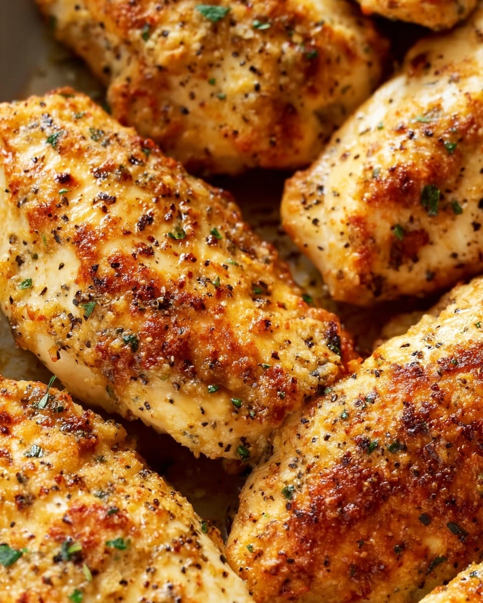 Close-up view of several golden baked chicken breasts with a slightly crispy, browned top layer coated in a textured mix of herbs and seasoning. Each chicken piece rests closely together on a surface with visible small bits of green herbs scattered on top. The chicken skin shows a rough, crunchy texture with some browned spots and specks of black pepper. Photo taken with an iphone --ar 4:5 --v 7