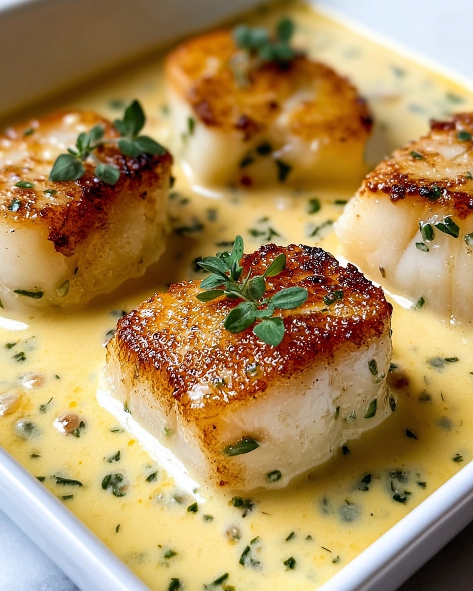 The image shows four pieces of golden brown seared fish with crispy edges, placed in a creamy pale yellow sauce with small bits of herbs scattered throughout. Each fish piece is topped with small green herb leaves, adding freshness. The fish has a slightly glossy, moist texture on top, contrasting with the creamy smooth sauce that surrounds it. The dish is served in a white square dish set on a white marbled surface. The close-up shot highlights the texture and color contrast between the seared fish, sauce, and garnish. Photo taken with an iphone --ar 4:5 --v 7