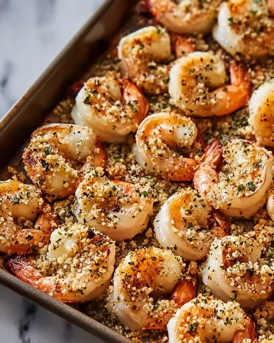 The image shows a close-up of a baking tray full of cooked shrimp. Each shrimp is arranged with its tail visible, and the shrimp are a light pink-orange color with a slight char on top, giving them a crispy, browned texture. The shrimp are sprinkled evenly with a crumbly mixture that looks like seasoned breadcrumbs and herbs, adding a speckled look of green and brown on the shrimp’s white and pink surface. The baking tray is set on a white marbled surface, showing the warm, golden-brown topping and juicy shrimp underneath very clearly. Photo taken with an iphone --ar 4:5 --v 7
