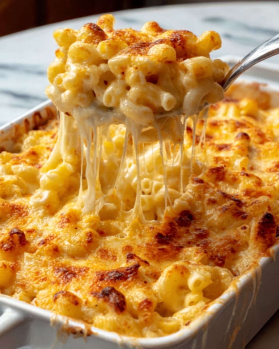 A close-up view of a baked macaroni and cheese dish in a white rectangular baking dish, showing creamy macaroni noodles covered with a golden-brown melted cheese layer on top that looks bubbly and stretchy as a woman's hand lifts a portion with a large spoon. The top cheese layer is crisp and slightly browned, while underneath, the cheese is soft and gooey, clinging to the pale yellow macaroni shapes. The background surface is a white marbled texture. Photo taken with an iphone --ar 4:5 --v 7