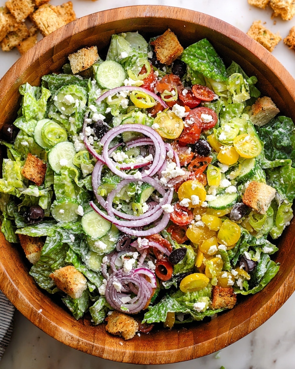 A fresh salad in a large wooden bowl, filled with multiple layers: a base of bright green romaine lettuce leaves mixed with slices of cucumber and half cherry tomatoes, scattered with thin rings of light purple red onion; topped with small golden brown croutons and dark purple black olives; bright yellow pepper rings add contrast, and white crumbles of feta cheese are sprinkled generously all over the salad, which looks lightly coated with creamy dressing. A wooden fork and spoon are partially visible inside the bowl, and a sliced lemon is off to the side, all set on a white marbled surface. Photo taken with an iphone --ar 4:5 --v 7